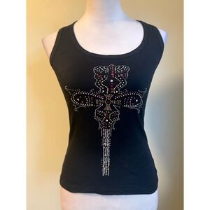 Y2K Black Tank Top Rhinestone Cross Sleeveless fairy boho western Texas bling sm